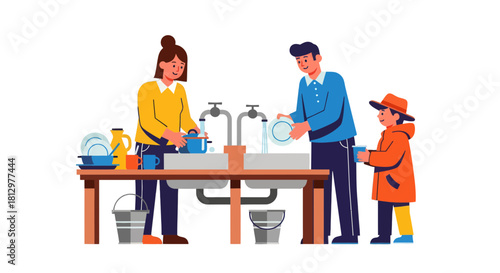 Family Cleans Dishes Together, Illustrating Domestic Tasks and Unity in the Kitchen
