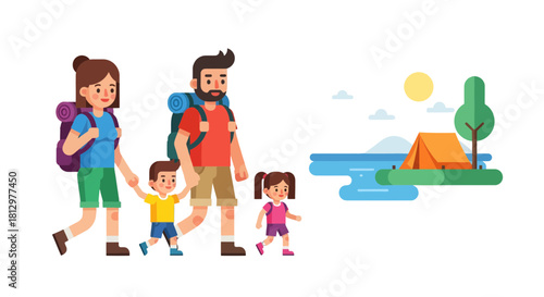 Family Camping Adventure in Nature: A Bright Cartoon Illustration of Outdoors