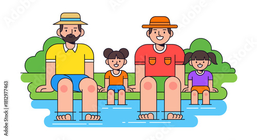 Family Enjoying Leisure Time by Waterside, Flat Illustration Style, Vector Graphics