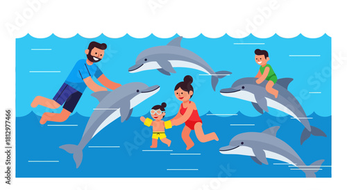 Family Enjoying Playful Interactions With Dolphins During Fun Aquatic Adventures