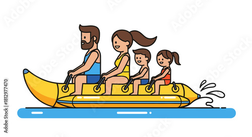 Family Enjoying Banana Boat Ride And Splashing Water On A Summer Vacation