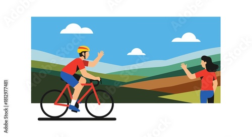 Cyclist And Spectator Waving In Verdant Landscape With Picturesque Scenery For Recreation