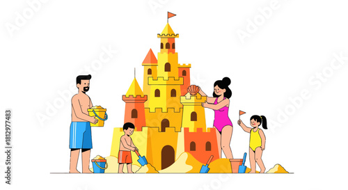 Family Fun Building A Large Sandcastle On A Beach With Children During Summer Vacation