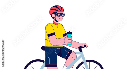 Cyclist Resting And Hydrating On His Bike During A Training Section With Water Bottle