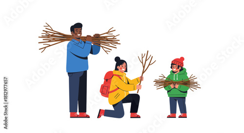 Family Gathering Firewood: Cartoon Illustration Depicting People, Branches, and Winter Activity