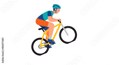 Cyclist Performing Wheelie Against Black Background With Colorful Uniform And Bicycle