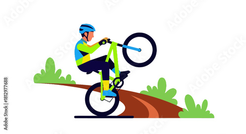 Cyclist Performing Wheelie On Dirt Trail With Vivid Illustration Against A Black Background
