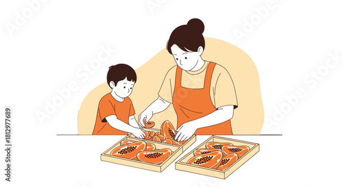 Family Preparing Fresh Papaya Slices Together: A Simple and Heartwarming Illustration