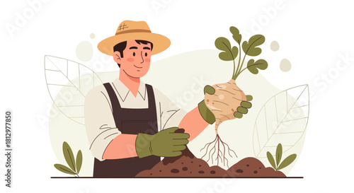 Farmer Appreciating His Crop After a Hard Day in His Vegetable Patch Work