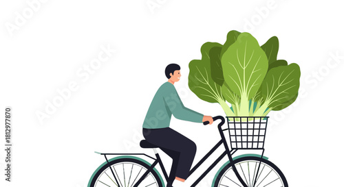 Cyclist With Vegetable Basket: Healthy Lifestyle And Eco-Friendly Transportation