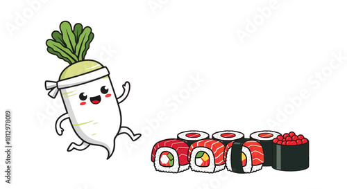 Daikon Radish Mascot Running Towards Sushi Rolls On A Black Background