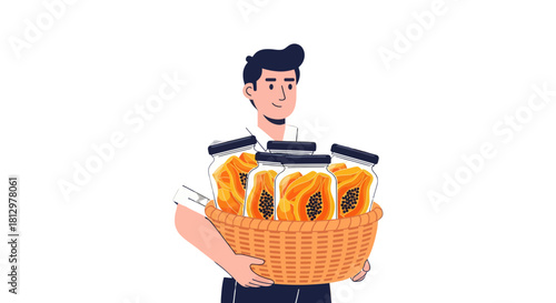 Delivery Of Fresh Papaya Marmalade in Glass Jars with Wicker Basket and Black Background