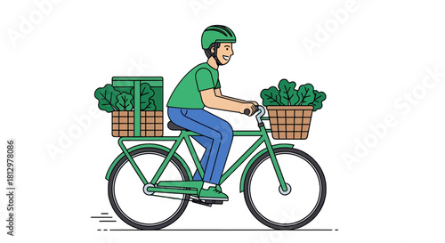 Delivery Person Cycling With Fresh Produce, Eco-Friendly Transportation Of Goods
