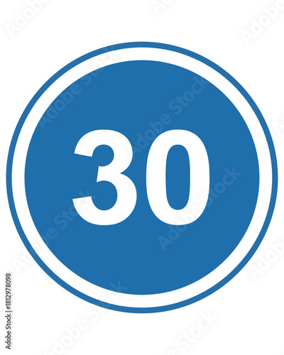 A blue circle with the number 30 prominently displayed in white, signifying a numerical value, count, or age, perfect for educational or informational graphics