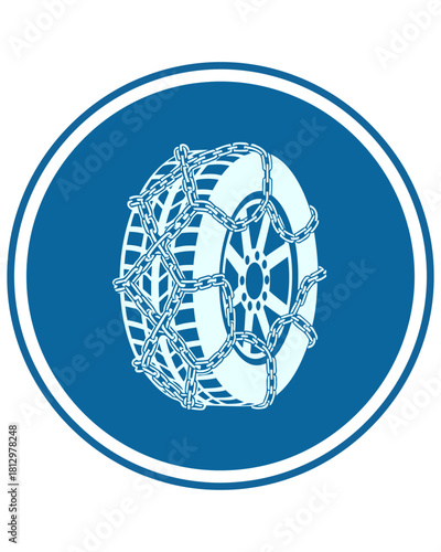 Snow chains required sign, a circular blue road sign indicating mandatory use of snow chains, winter driving safety, vehicle tire