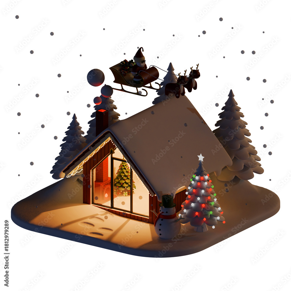 Fototapeta premium Isometric Winter Christmas Modern Shack 3D Illustration