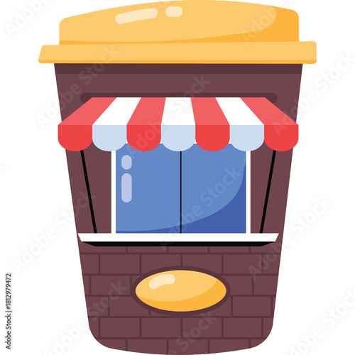 Stylized Coffee Cup Building With Red White Awning and Yellow Lid On Transparent Background