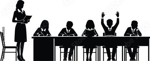 Silhouette illustration of teacher supervising students sitting at a long desk during classroom activity, showing various learning attitudes, education teamwork, academic instruction, vector design