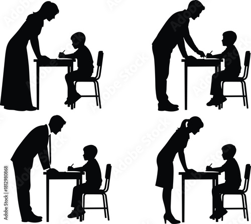 Silhouette illustration of teachers assisting young students at desks, educational guidance scene showing adult mentoring children, learning support concept for school tutoring