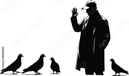 Silhouette man interacting with pigeons in urban park scene, vector street illustration of person feeding birds, wildlife interaction, city life concept art