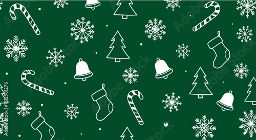 Festive hand-drawn Christmas pattern with snowflakes, candy canes, trees, stockings, and bells creating a cheerful holiday spirit for seasonal designs
