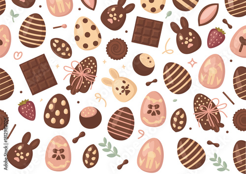 Seamless Chocolate Easter Pattern with Eggs and Bunny Design .
