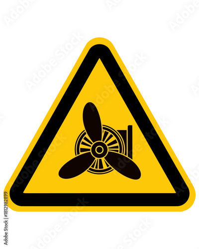 Warning sign Rotating fan hazard symbol. Alert symbol indicating a potential danger from a rotating fan, essential for workplace safety and preventing accidents