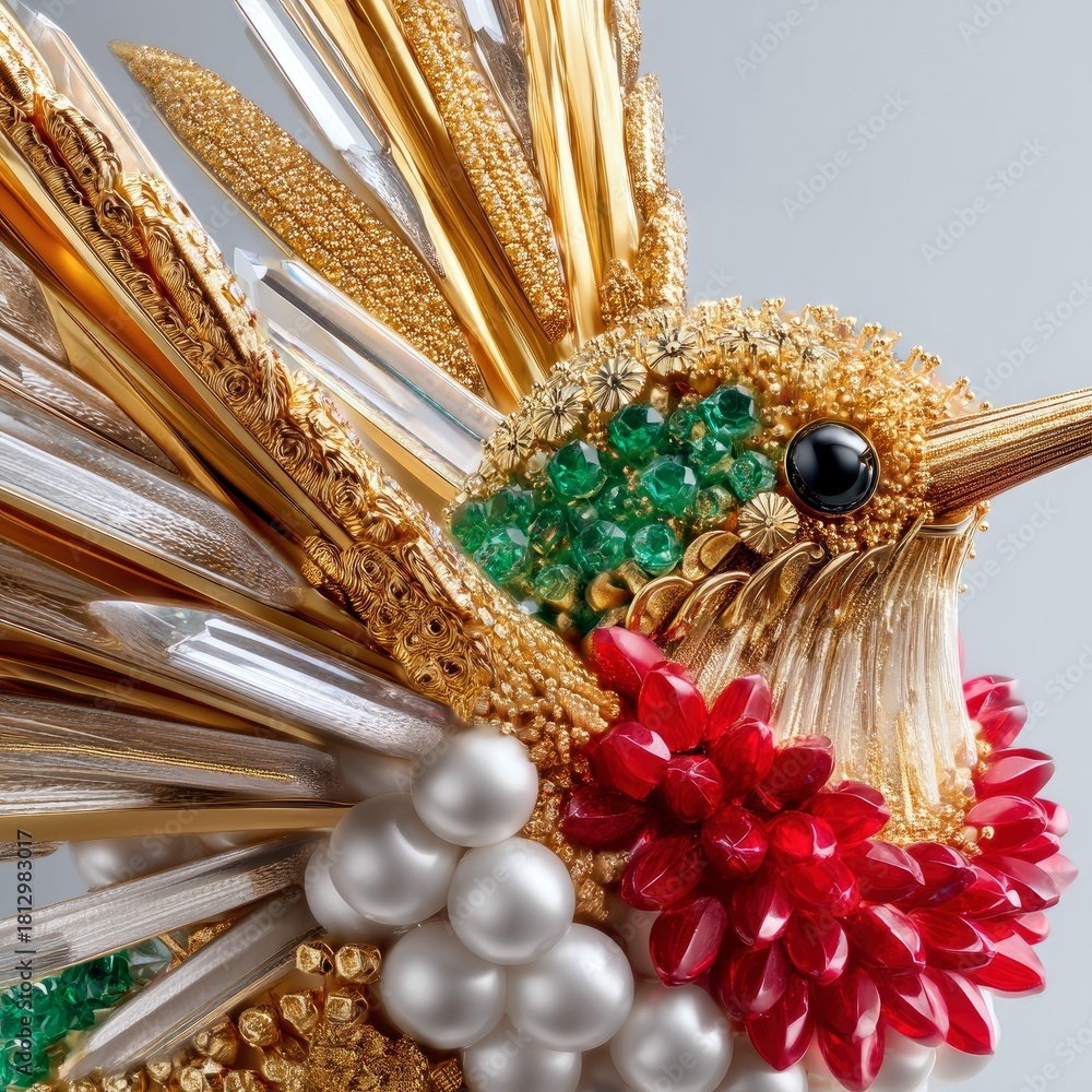 Obraz premium A detailed close-up of a hummingbird sculpture made of precious materials like gold, emeralds, pearls, and red gemstones.