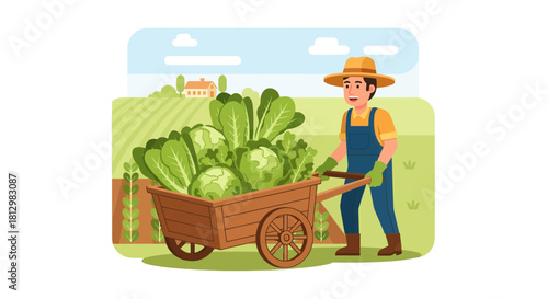Farmer Harvesting Vegetables on A Sunny Day With Wooden Wheelbarrow for Fresh Produce