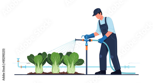 Farmer Irrigating Bok Choy Plants in Agricultural Field Under Irrigation System