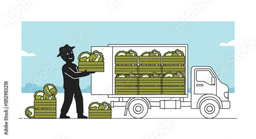 Farmer Loading Cabbage Crates Onto A Truck For Delivery Or Transportation