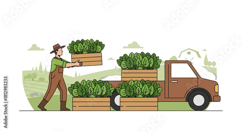 Farmer Loading Fresh Vegetables in a Truck Ready for Market Distribution