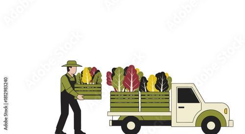 Farmer Loading Freshly Harvested Produce Into a Pickup Truck With Vibrant Colors