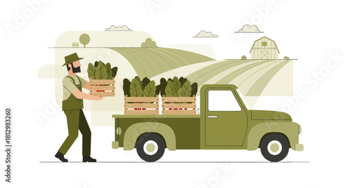 Farmer Loading Harvested Produce on a Truck Bringing Fresh Goods to Market