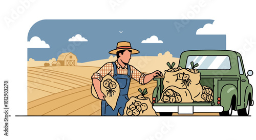 Farmer Loading Harvested Onions Into Truck With Field And Barn In Background