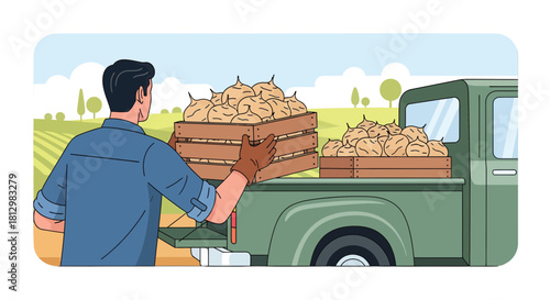 Farmer Loading Harvested Produce Crates onto a Truck for Seasonal Delivery
