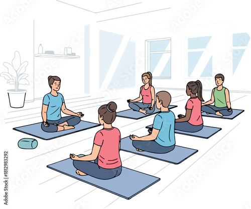 Illustration of a group of people practicing yoga on blue mats in a serene, modern studio with large windows.