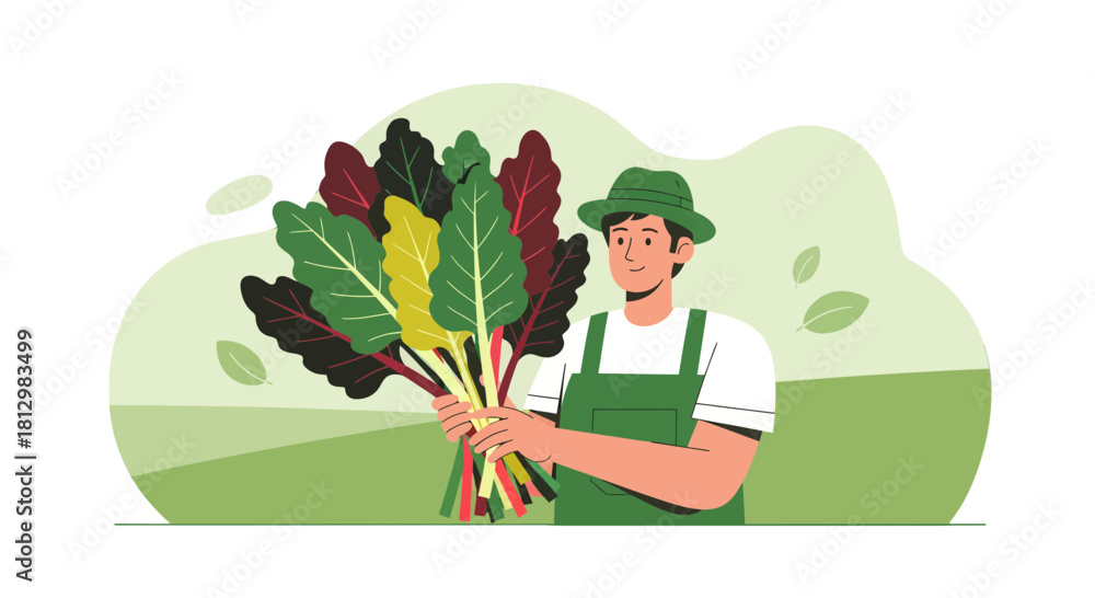 Fototapeta premium Farmer Smiling Holding Fresh Colorful Harvest of Swiss Chard Against a Black Background