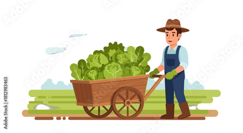 Farmer Pushing A Cart Filled With Vegetables Ready For Harvest And Distribution