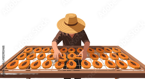 Farmer Preparing Papaya Slices For Sun Drying, Tropical Harvest, Fresh Fruit, Agriculture