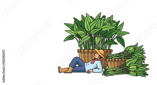 Farmer Resting By The Harvested Greens With Filled Baskets And Dark Background