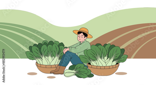 Farmer Resting Peacefully In A Field Surrounded By Harvested Bok Choy Vegetables