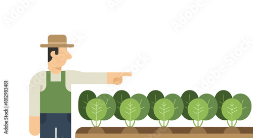 Farmer Pointing Toward His Crops Depicting Healthy Green Leafy Spinach Plants