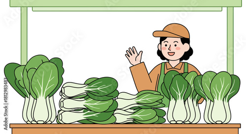 Fresh Bok Choy Offered at a Vibrant Market Stall with a Friendly Vendor Present