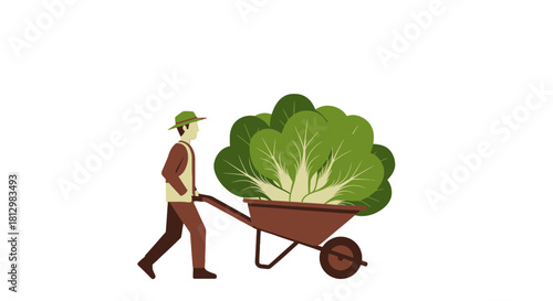 Farmer Pushing Wheelbarrow Full Of Freshly Harvested Lettuce Against a Black Backdrop