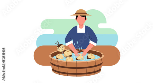 Farmer Washing Vegetables In A Wooden Tub, Flat Illustration On Black Background