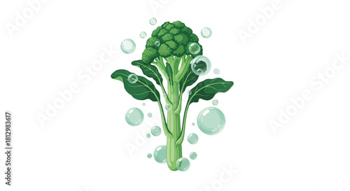 Fresh Broccoli with Vibrant Bubbles on Black Background, Artistic and Delicious