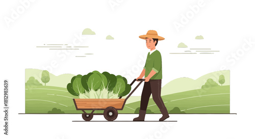 Farmer Transporting Vegetables Using Wheelbarrow Across Lush Green Lands Ready For Market