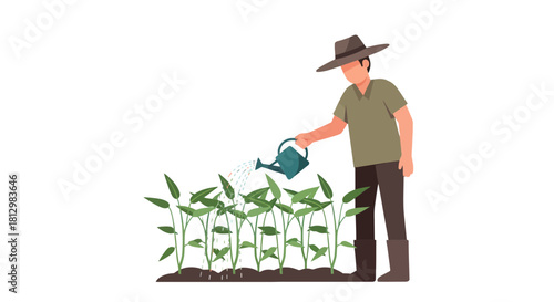 Farmer Watering Young Plants in Black Background, Agricultural Irrigation Concepts Depicted