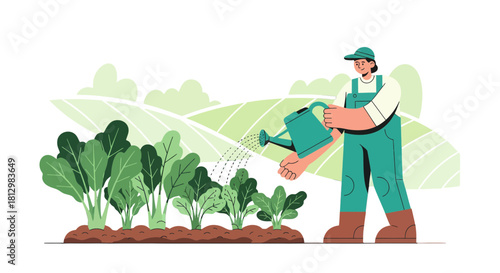 Farmer Watering Plants in the Field: A Vibrant Illustration of Agricultural Life